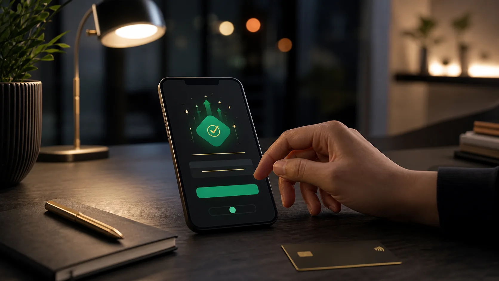 Celular em mesa profissional exibindo confirmação visual de depósito Pix seguro sem dados legíveis
